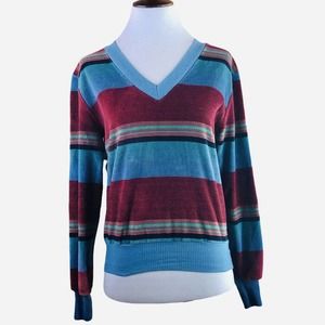 Sears Jr Bazaar Vintage Top Striped V-Neck Velour Pullover